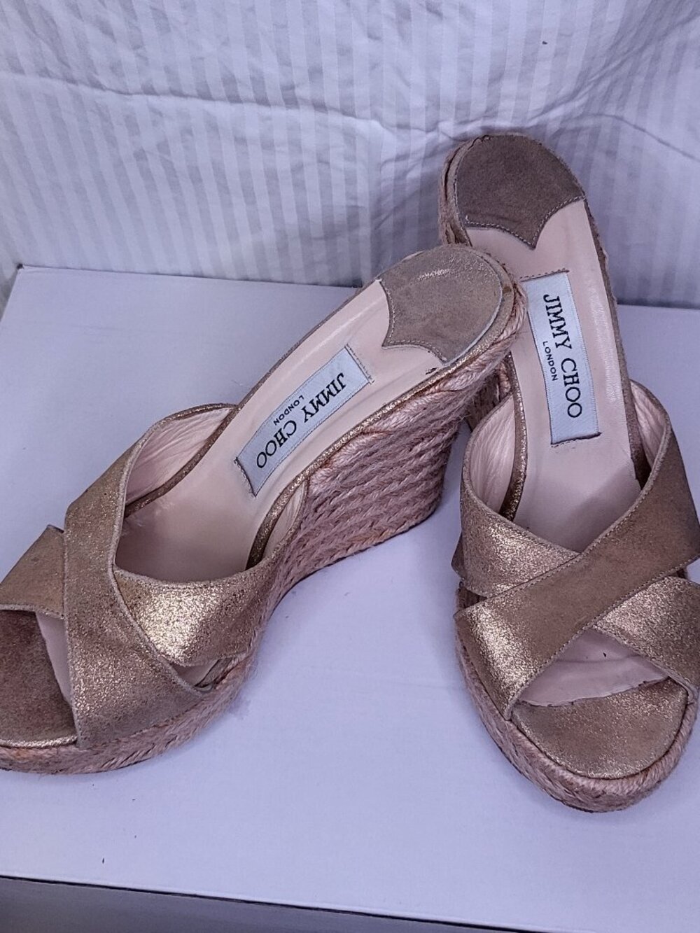 Jimmy Choo Espadrille Wedge Sandals EU 39 Metallic Gold Leather Platform Mules